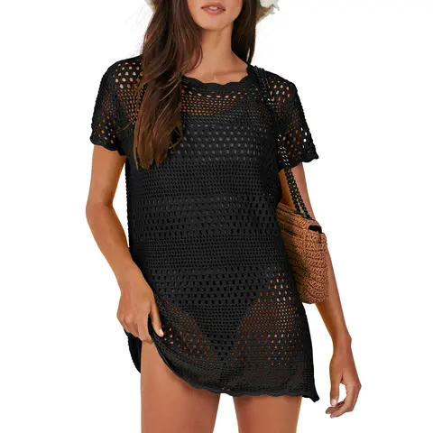 ANRABESS Women Swimsuit Crochet Swim Cover Up Summer Bathing Suit Swimwear Knit Short Sleeve Pullover Beach Dress