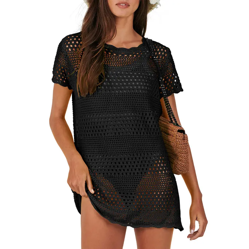 ANRABESS Women Swimsuit Crochet Swim Cover Up Summer Bathing Suit Swimwear Knit Short Sleeve Pullover Beach Dress