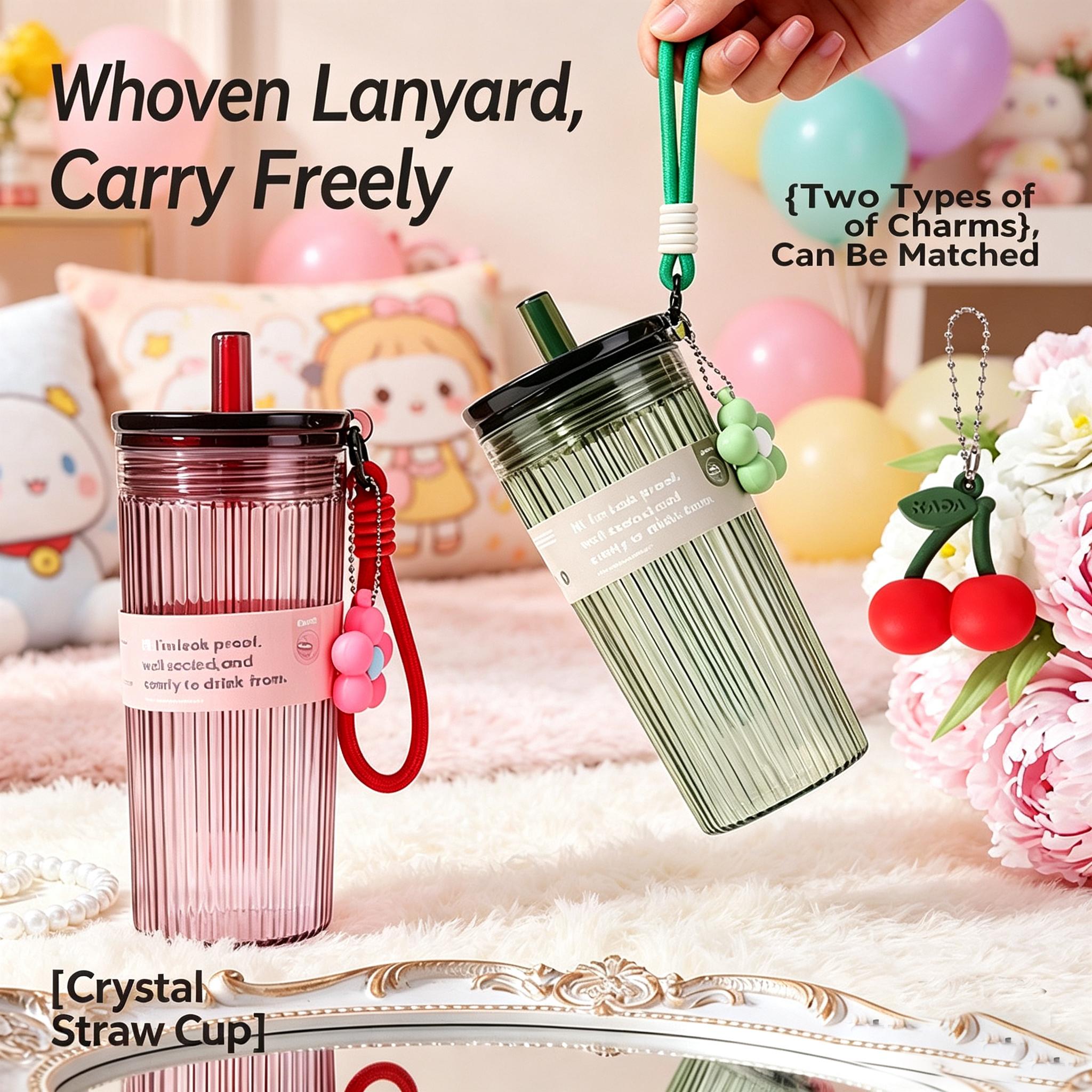 Ins Style Aesthetic Double-Wall Straw Cup, BPA-Free Food-Grade, Heat-Resistant Coffee Tumbler for Women, Large Capacity Leak-Proof Water Bottle with Strap, Summer Iced Coffee Travel Mug, Reusable Juice Cup for Office, School, Commute, Outdoor