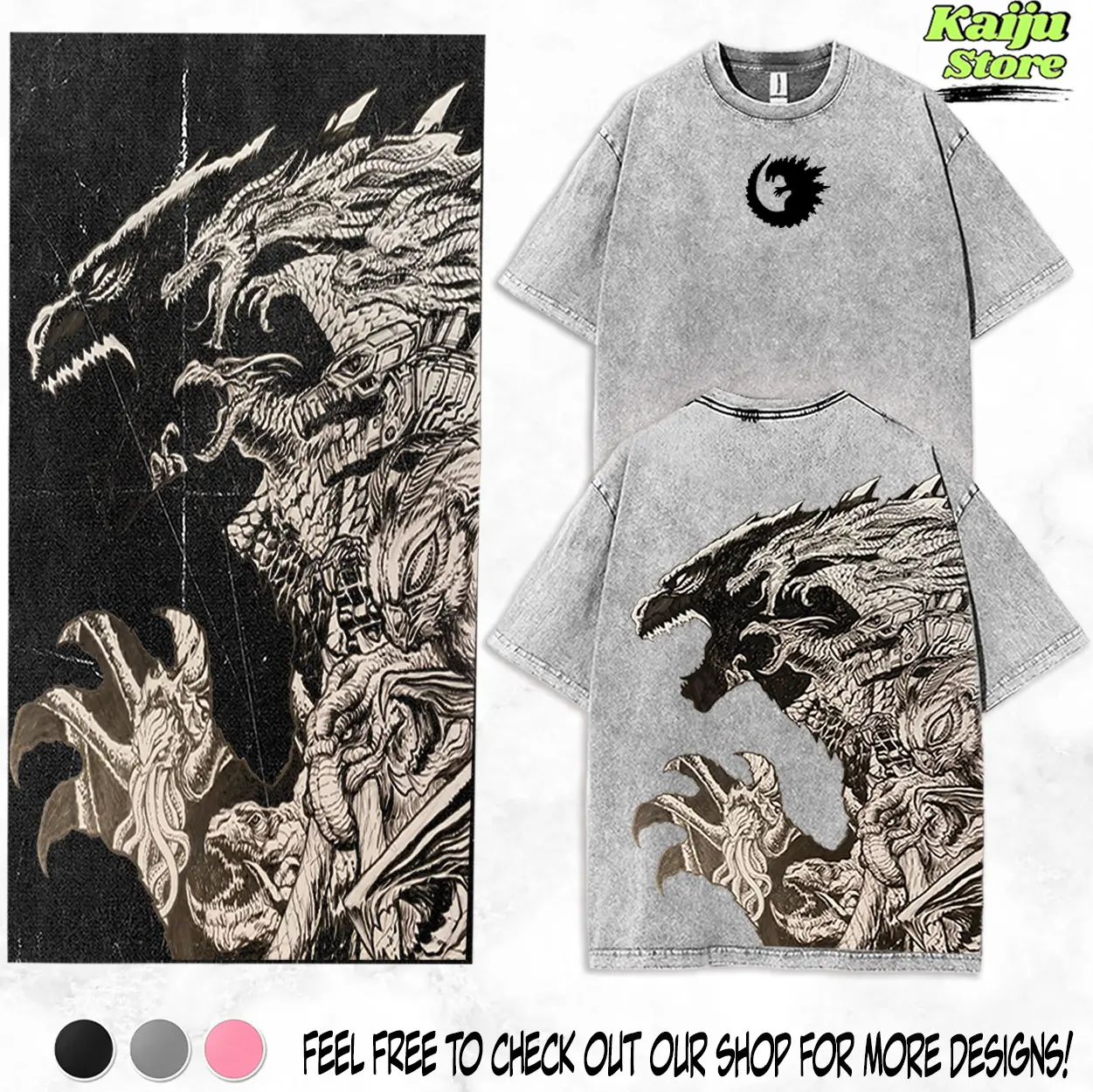 Monster Legion Godzilla Of Monsterverse Kaiju Godzilla Stuff, Retro Unisex Vintage Double Printed Heavyweight Cotton Shirt Wash Tee, Washed Hoodie Workout Clothes, Clothes for Daily Wear
