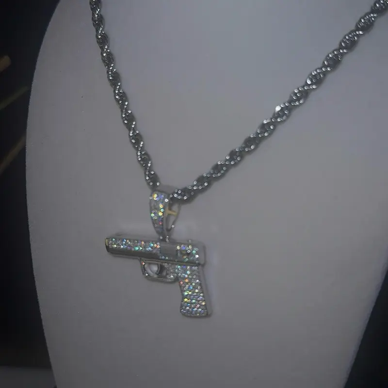 925 Sterling Silver Gun Pendant Necklace, Unisex Baroque Style Moissanite Jewelry for Daily Wear with Rope Chain, Casual, Free Rope Chain, Adults, Elegant, Includes Pendant, Mossinate Gun, Perfect Gift Or Personal Accessory, No Warning Applicable, Gun-Sha