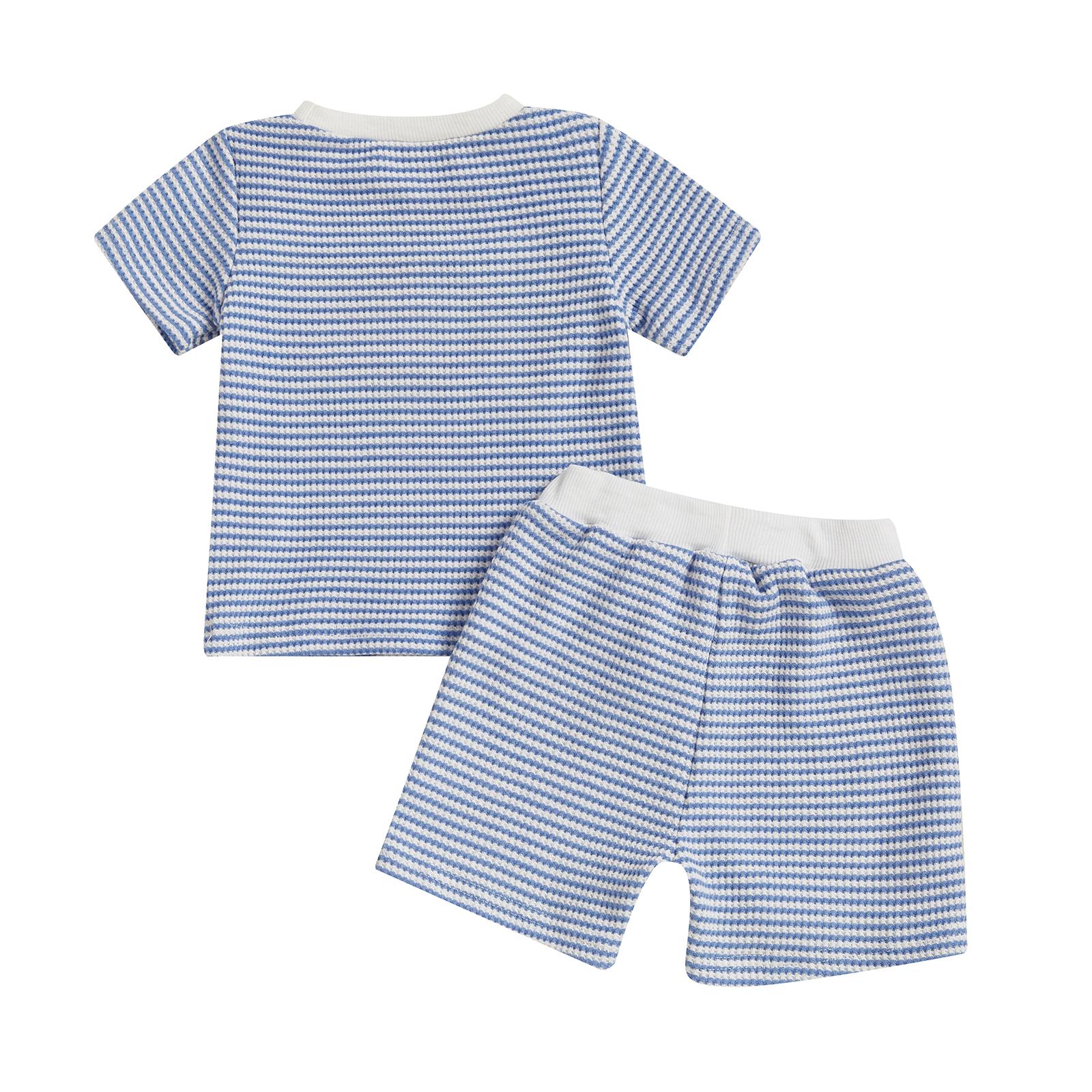 2-piece set of American flag for male infants and young children, waffle knit striped T-shirt and shorts set, patriotic summer casual wear for July 4th (0-4Y)