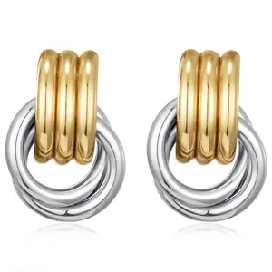 Elegant 14K Gold & Silver Knot Earrings for Women 23mm x 33mm Chunky Dangle Statement Jewelry Trendy Two-Tone Earrings Ideal for Christmas Birthday Gifts