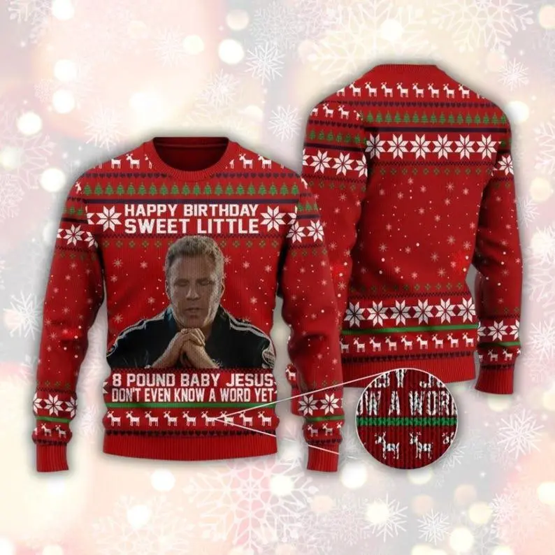 [HOT UGLY] Talladega Nights Ricky Bobby Ugly Christmas Sweater, Happy Birthday Sweet Little 8 Pound Baby Jesus Jumper, Unisex Funny S–5XL Gift