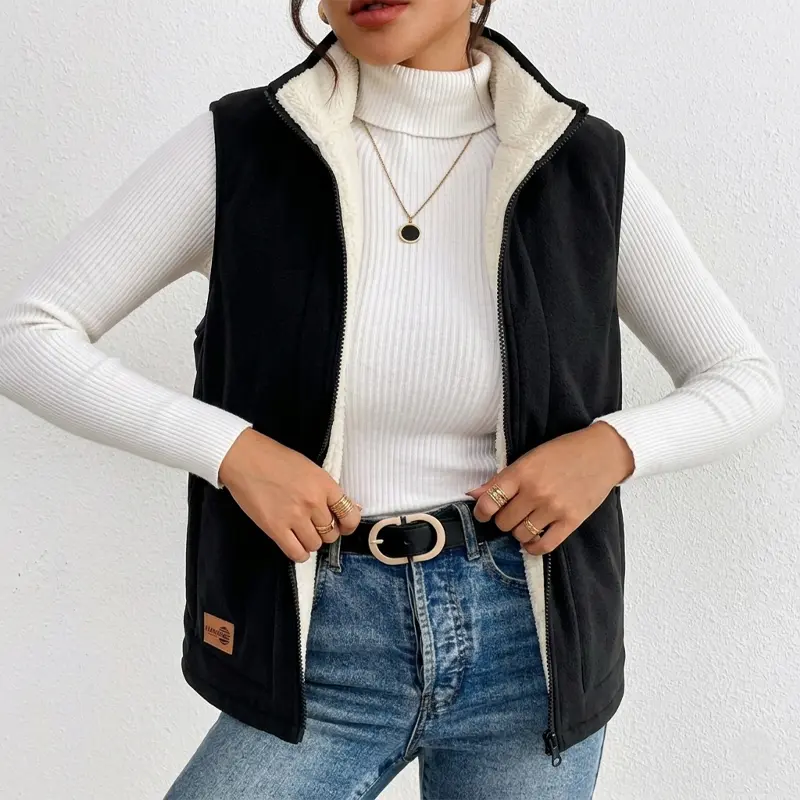 Women’s fleece-lined stand collar warm vest for outdoor commuting and daily trips, suitable as an outer layer for autumn/winter layering.