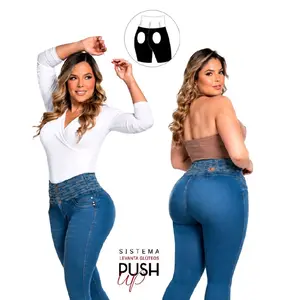 High-Waisted Colombian Skinny Jeans with Built-In Double-Enhancement Push-Up Waistband, Peach Skin Texture, Dark Wash Finish