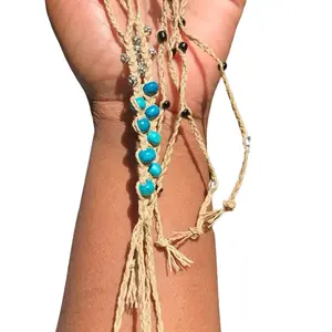 Cream Wooded Blue Beaded Rope Sandals - Natural Rope Footwear with Blue Beads, Walking Shoes