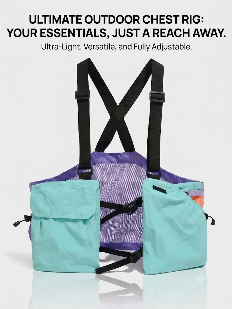 Lightweight Hiking Tactical Vest Chest Bag, Multi‑Pocket Utility Cycling Pack, for Running, Camping, Climbing. Multi‑pocket design for phone and key storage, with hiking water bottle holder, fishing chest bag