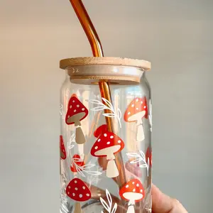Mushroom hippie iced coffee beer can glass, gifts, retro, reusable, coffee cup, shroom, presents Drinkware Bottles Mug Tumblers iced  coffee