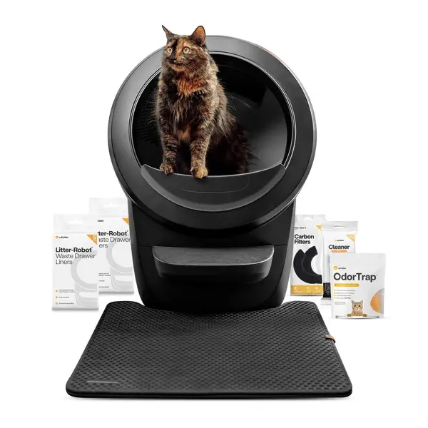 Whisker Litter-Robot 4 Supply & Accessory Bundle, Automatic Self-Cleaning Cat Litter Box, Black, Includes Litter-Robot 4, Mat, 3 OdorTrap Packs, 10 Liners, 30 Wipes, and 2 Carbon Filters
