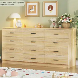 Dresser for Bedroom with 12 Drawers, 60'' Wide Mid Century Modern Dressers, Natural Wood Grain, Chests of Drawers TV Stand, Large Storage Organizer, Closet, Entryway, Natural