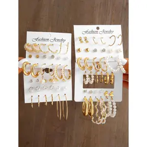 Mixed Shape Elegant Rhinestone & Faux Pearl Decor Dangle Earrings Set, Fall Geometry Hoop Earrings Set, Fashion Vintage Jewelry for Women & Girls for Back To School, Fall Freshness, Girlfriend Gifts