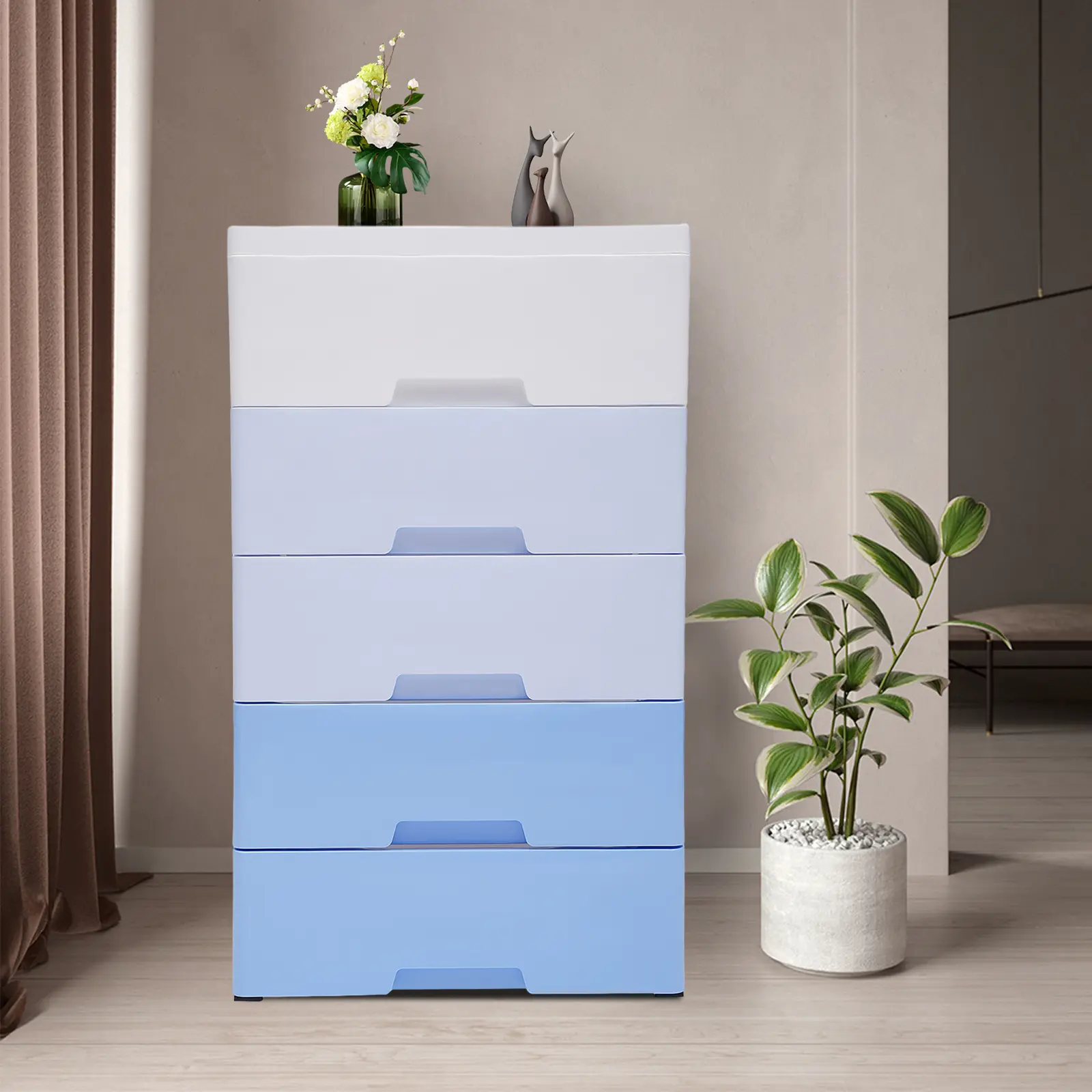 5-Drawer Gradient Blue Modern PP Storage Cabinet with Wheels, Rounded Edges & Drawer Pulls, Flat Top Design, High Load Capacity, Sealed, Insect-Proof & Mold-Resistant, Vertical Space-Saving Large-Capacity Storage for Clothing & Clutter