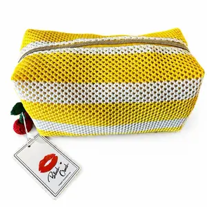 Blush Crush Yellow White Striped Makeup Bag with Zipper and Cherry Charm