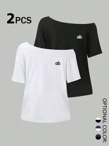 2-Pack Women's Letter Print One-Shoulder Short Sleeve T-Shirts, Loose Fit, Breathable Soft Fabric, Casual Daily Wear, Multiple Colors Available