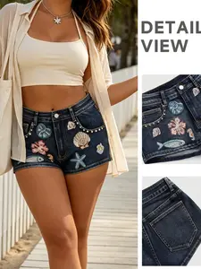 Island Vibe Sweet Girl Must-Have Shorts, High Waist Dark Denim Hot Shorts with Ocean Sequin Embroidery & Pearl Trim Detail, Pear Body Friendly, Hip Concealing & Figure Slimming, High Waist Butt Lifting for Longer Leg Look, Non-binding Waist & Crotch Comfo