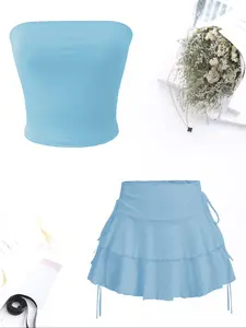 Women's Solid   Tube Top & Ruffle Trim Skirt Two-piece Set, Casual Fashion Cozy Two Piece Outfits for Daily Outdoor Wear, Ladies Clothes for All Seasons