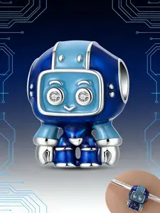 Cute Robot Charm, Blue Enamel & Crystal Eyes, Techy Kawaii Jewelry, Perfect for Pandora Bracelet, Unique Gift Idea