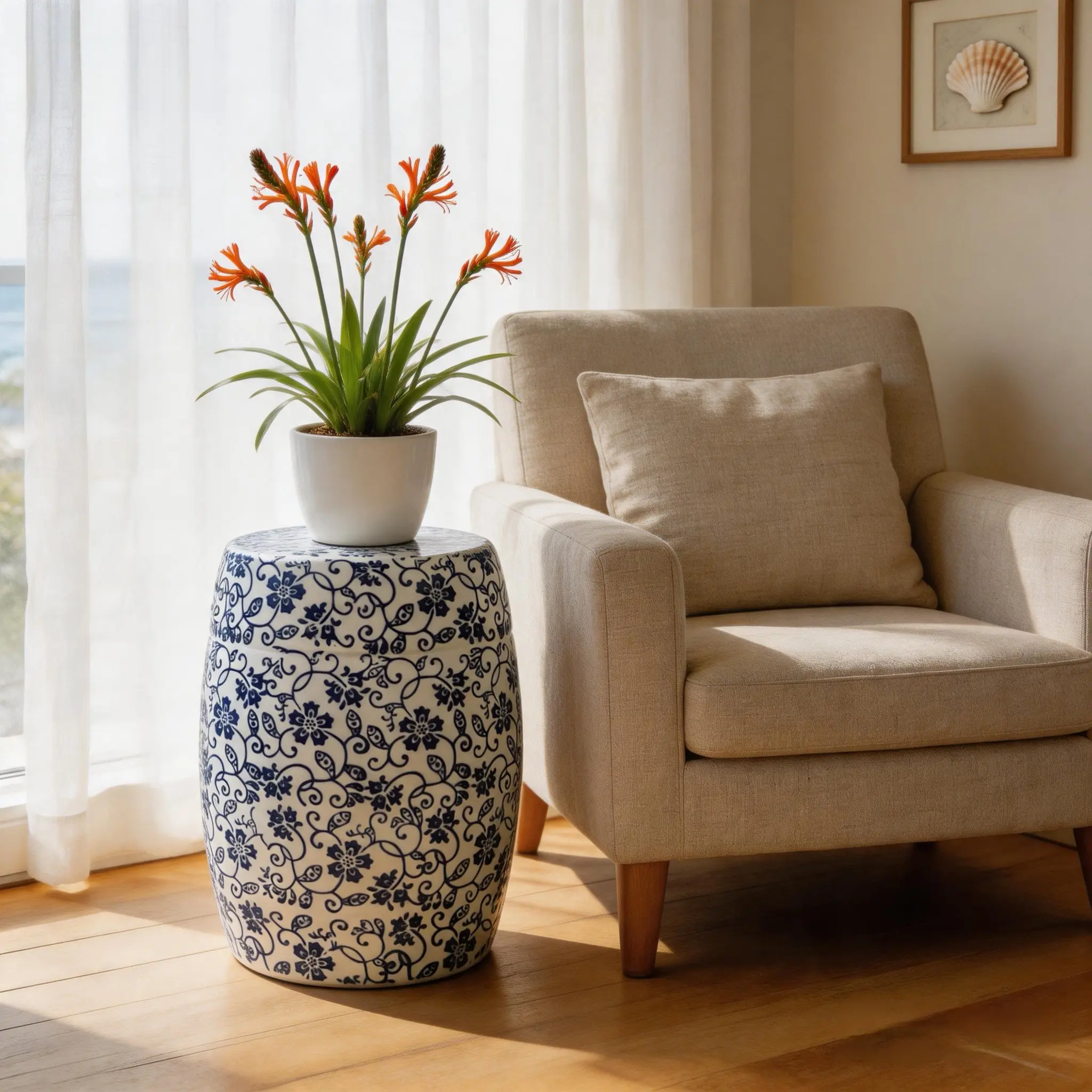 ONIPIG Traditional Elegant Blue Floral Pattern Ceramic Stool - 17.32 in Height, 12.60 in Diameter, Ideal for Outdoor/Indoor Decorative Furniture Use