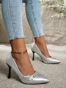 Women's Pointed Toe Slip-On High Heels with Decorative Buckle, Silver Color Elegant Fashion Shoes Perfect for Dates & Parties