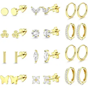 Florideco 12 Pairs Flat Back Stud Earrings, Surgical Steel Earrings for Sensitive Ears, Delicate Gold Plated Flat Back Piercing Studs, Hypoallergenic Earring Set