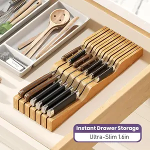 5 Slot Bamboo Knife Tray - Universal Drawer Organizer for Kitchen Knives with Secure Downward Storage