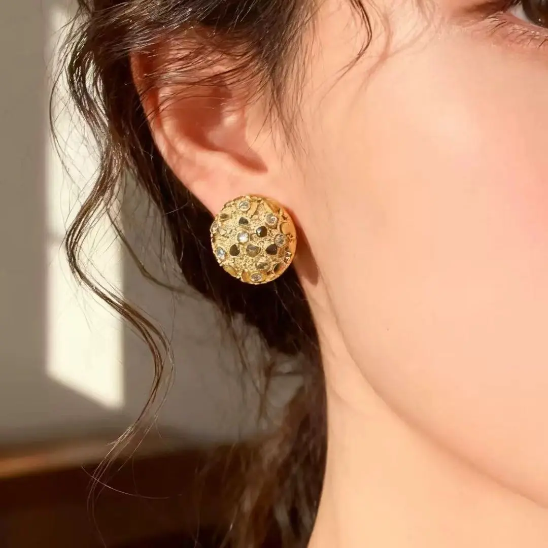 18K Gold-Plated Meteorite-Inspired Stud Earrings with Cubic Zirconia and 925 Silver Needle, Unisex Round Statement Earrings for Men & Women simple unique multiple piercings hypoallergenic stainless steel everyday wear birthday anniversary gift trendy jewe