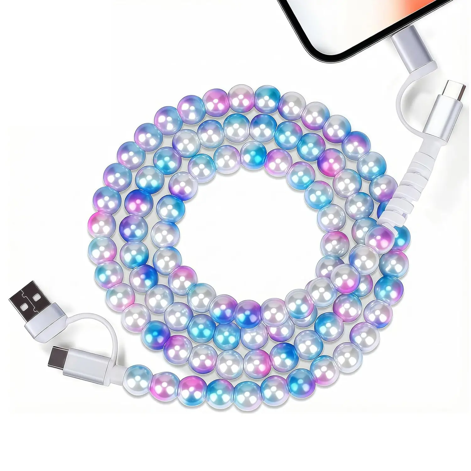 4-in-1 Beaded Charging Cable,Upgraded Metal Design, Nicely Packed, 60W Fast Charging,Cute Colorful Cable, Compatible with iPhone, iPad, AirPods, Galaxy, and More, Fast Charging Cables