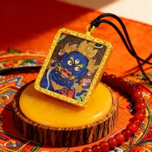 Mahakala Thangka Pendant Xizang Hand-Painted Amulet for Removing Obstacles & Success Traditional Tibetan Artwork with Golden Frame