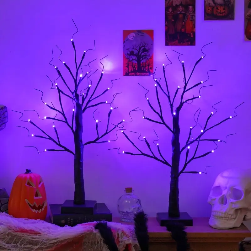 2Pack Halloween Indoor Decoration – 1.96 ft Glowing Black Halloween Tree with 64 Purple LEDs, battery box powered (batteries not included). Create a spooky atmosphere for desktop and home parties.