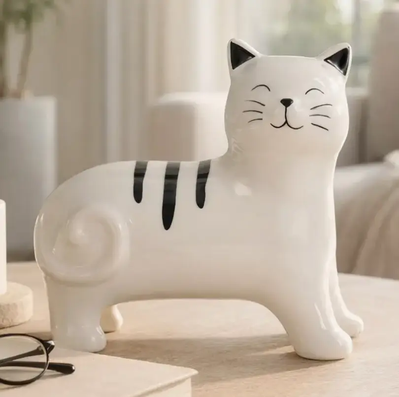 Glossy Black and White Porcelain Kitty Figurine, Home Decor for Room Accent, Ideal Gift for Cat Lovers
