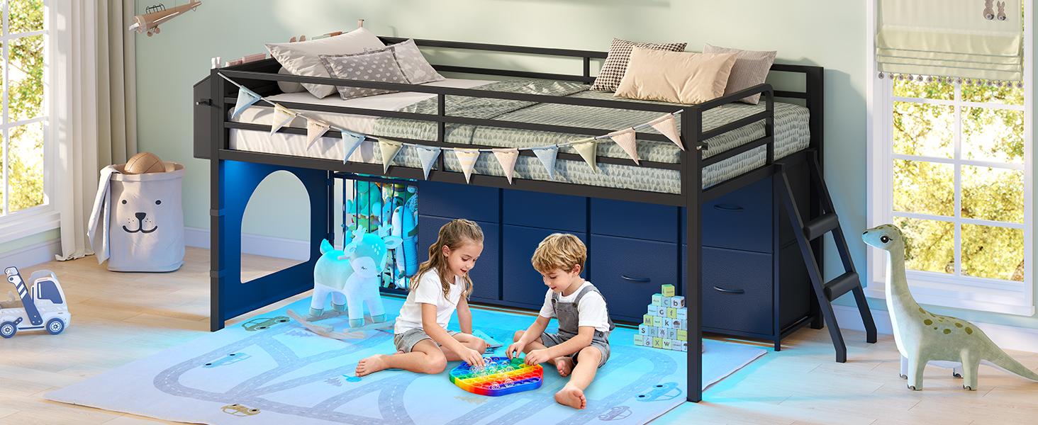 Twin Size Low Loft Bed with 8 Storage Drawers & Toy Organizer, Metal Loft Bed with RGB Lights, 13" H Safety Guardrail, Play Zone, Heavy Duty Twin Low Loft Bed with 2-Step Ladder & Anti-Tip Kit, No Box Spring Needed, Black