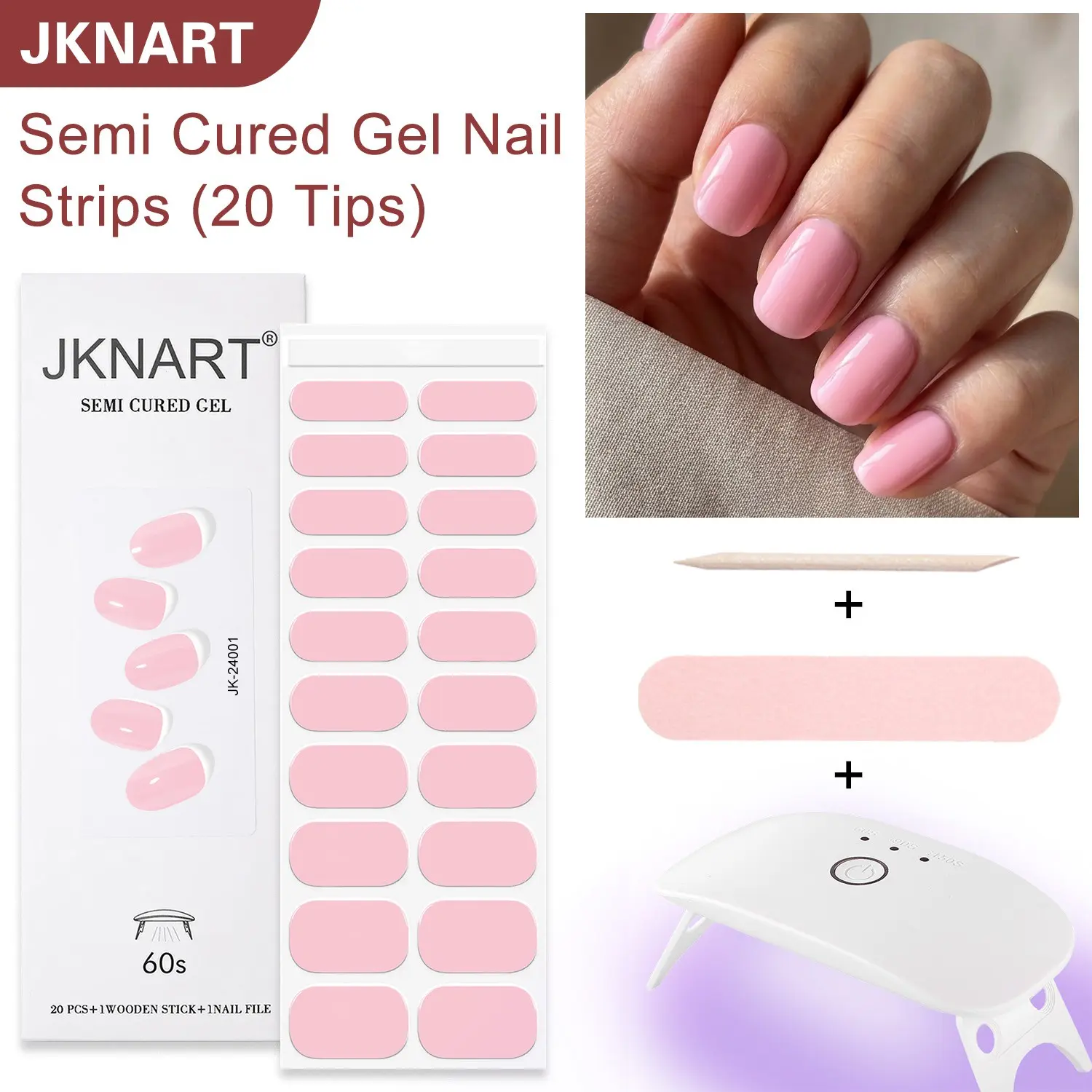 DIY Nail Art Kit, 20 Semi-Cured Gel Stickers + Portable UV Lamp, Home Use, Requires UV/LED Light, Soft Gel Nails, Easy Application