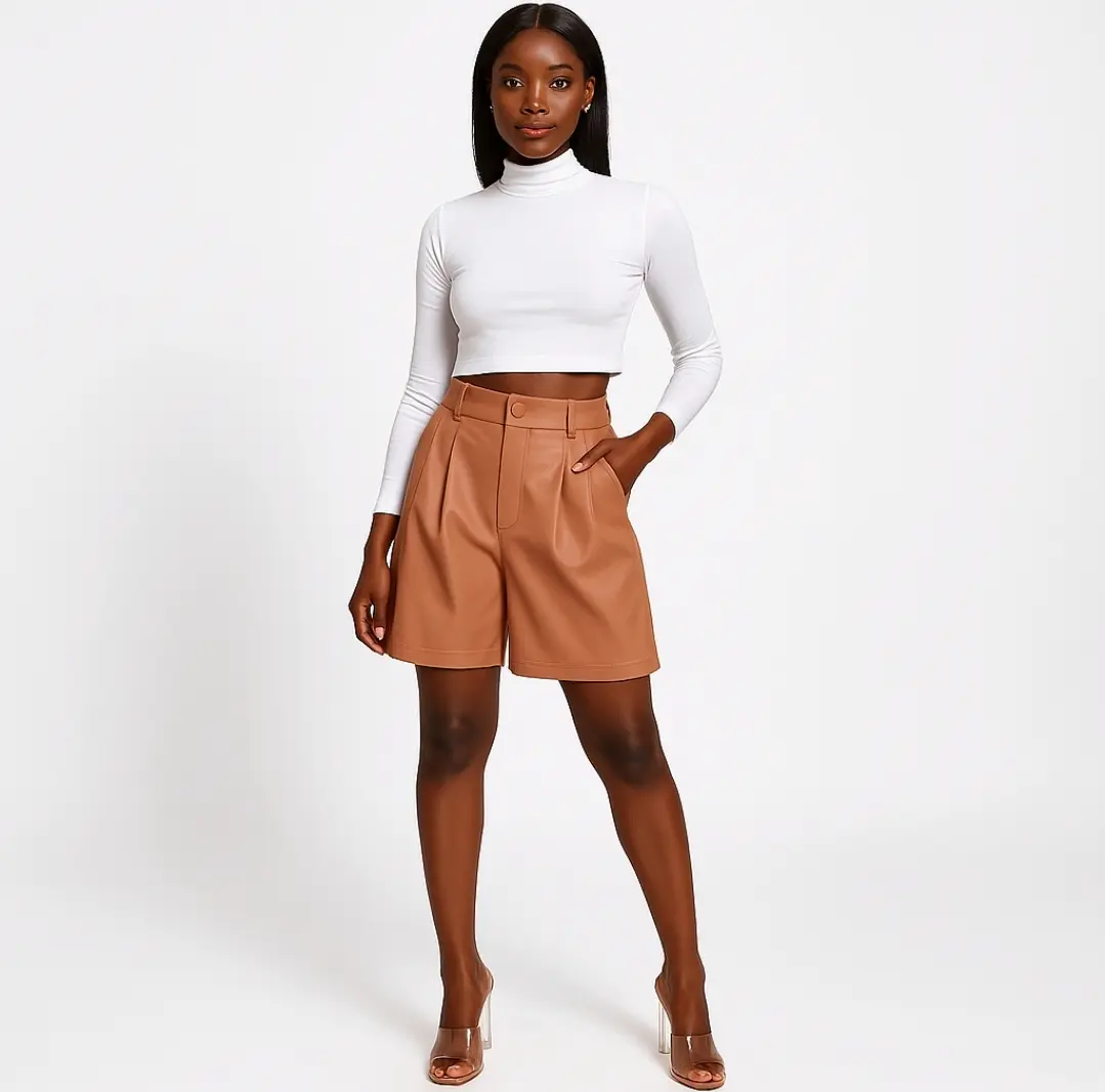 Leather Me Up Tan Short - High-Quality Leather Mid-Rise Shorts for Women, Above the Knee Length, Casual Chic Style, Minimalist Design, Comfortable Fit Womenswear Highwaist Bottom Basic