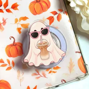 Summerween Ghost Phone Grip, Striped Halloween Summer Beach Pop Socket, Cute Spooky Vacation Kickstand, Aesthetic Pastel Haunted Holder Gift