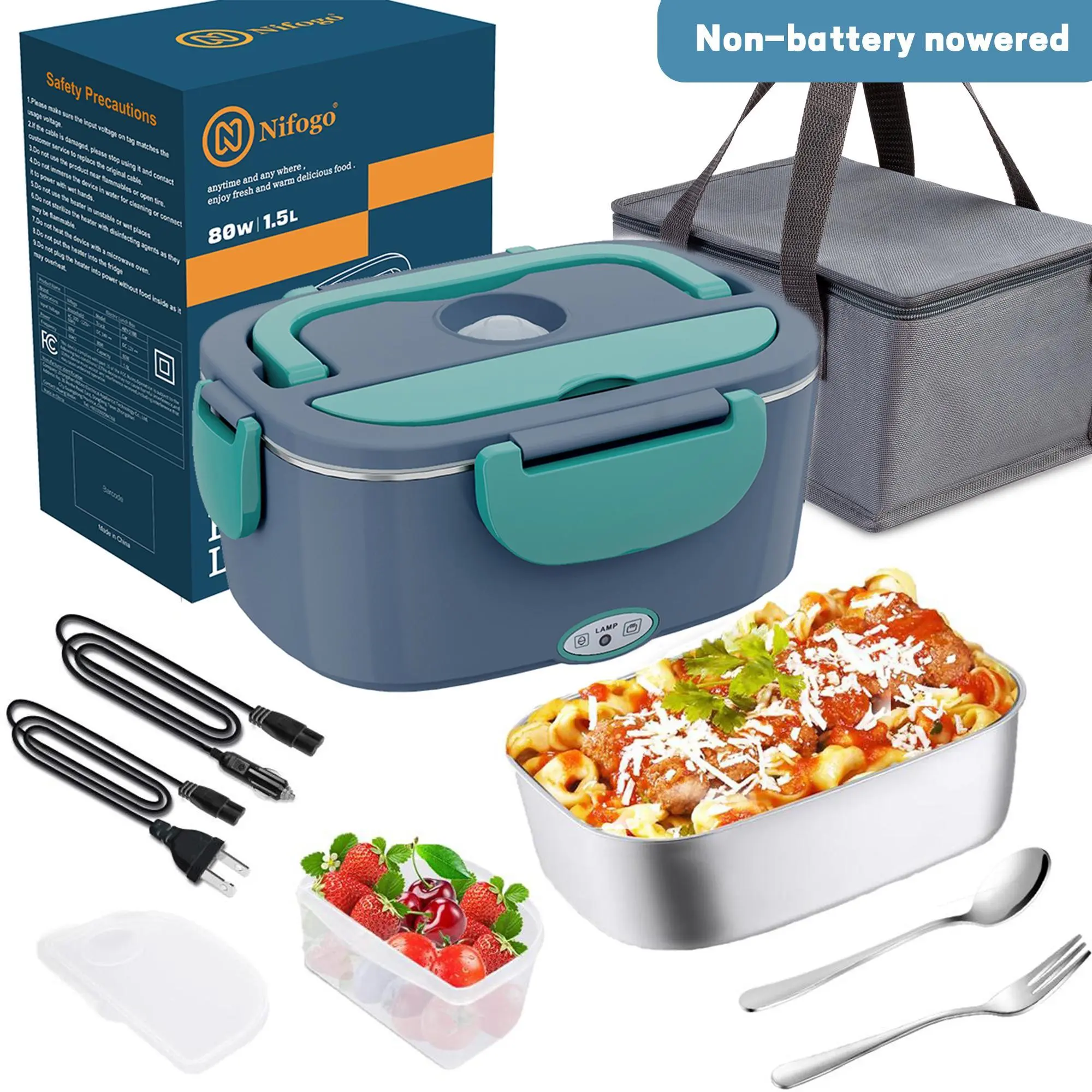 Self Heating Leakproof Stainless Steel Lunch Box with Lid - 1.5L/1.8L BPA-Free Electric Warmer, Multi-Voltage (12V-24V-110V), Built-In Utensils (Fork, Spoon), Heating Bag for Car, Home