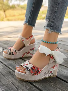 Women's Vintage Floral Wedge Sandals, Summer New Butterfly Knot Thick Sole Open Toe Straw Wind Wedges, Fashionable Casual Shoes