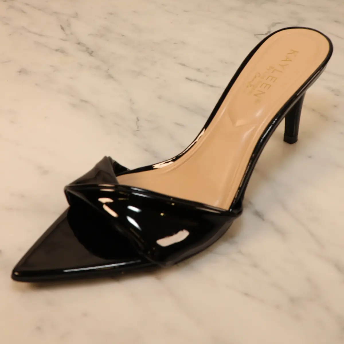 Woman high heel, open toe, slip on, point toe, one strap. slip on kitten high heel