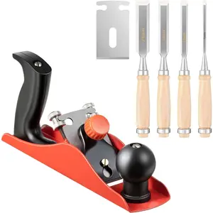 1Pack No. 4 Adjustable Wooden Hand Plane with 2 Inch Blade & 4PCs 9.5in Wood Chisel for Woodworking with Cap, CR V Steel Beveled Edge Blade Chisel, Professional Carpenter Tools for Woodworking