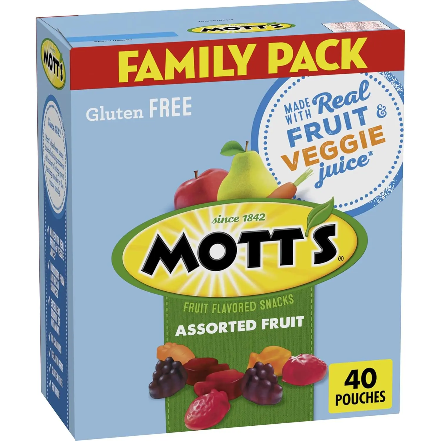 Fruit Snacks 40 Count Family Pack, Gluten Free Gummies, Real Fruit & Veggie Juice, Individual Snack Pouches