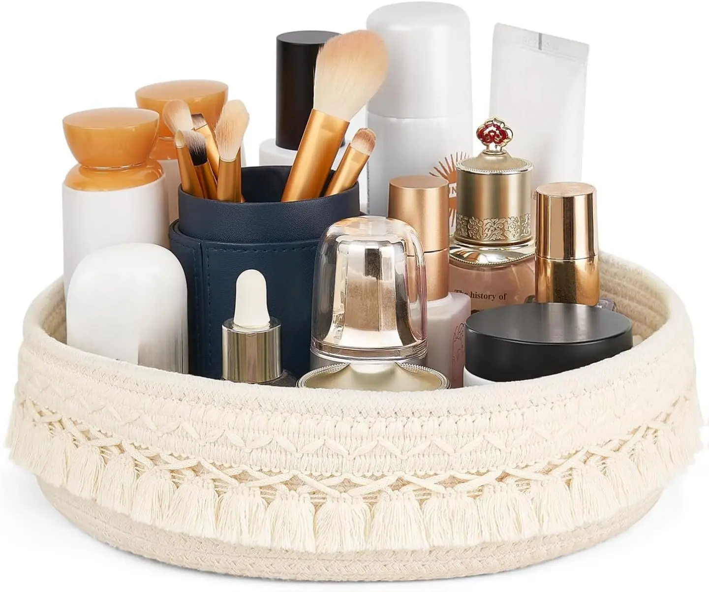 Makeup Perfume Holder Organizer Macrame Decorative Woven Rope Basket Boho Decor Cosmetics Desk Storage Baskets for Dresser Skin Care Lotions Essential Oils Dorm Room Essentials