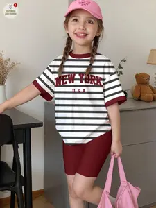 Girls Fashion "New York" Stripe Outfit Short Sleeve T-Shirt & Shorts Set for Kids