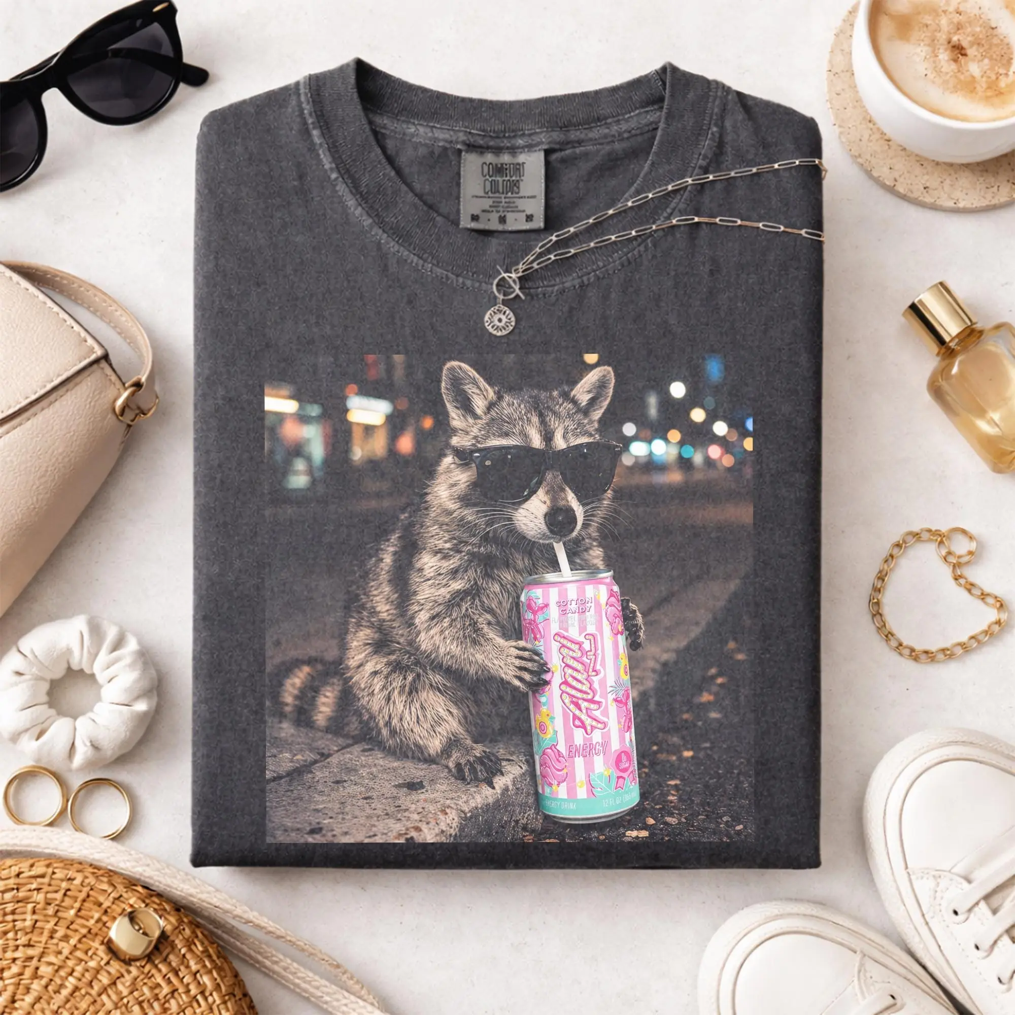 Raccoon Cotton Candy Drink T-Shirt – Funny Vintage Meme Graphic Comfort Colors Tee, Cute Chaotic Animal Shirt, Unisex Cotton Apparel
