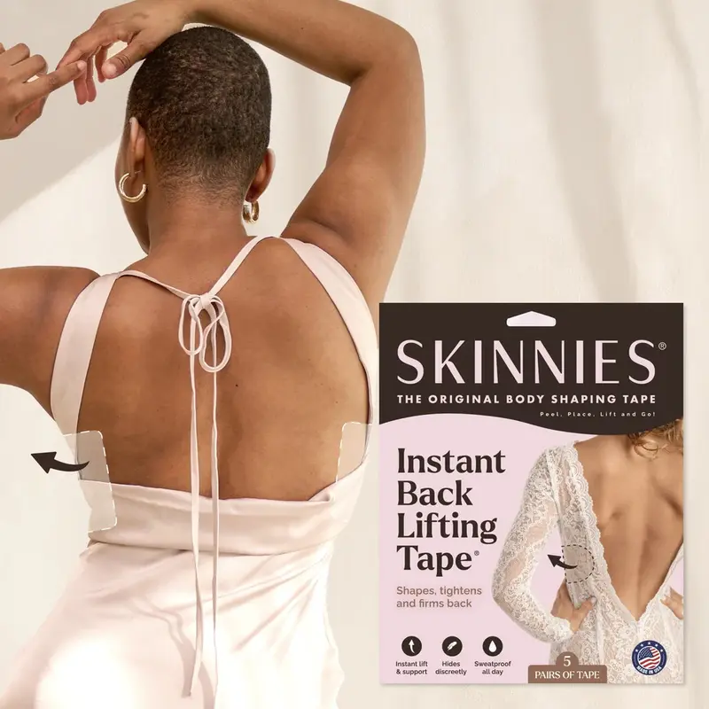 Skinnies Instant Back Lifting Tape (6.5" x 5", 5-Pair) Invisible Body Tape for Back Smoothing & Contouring | Latex-Free, Hypoallergenic, Sweatproof Skin Tape for Backless Dresses & Open-Back Tops | Best Fit Up to Size 14