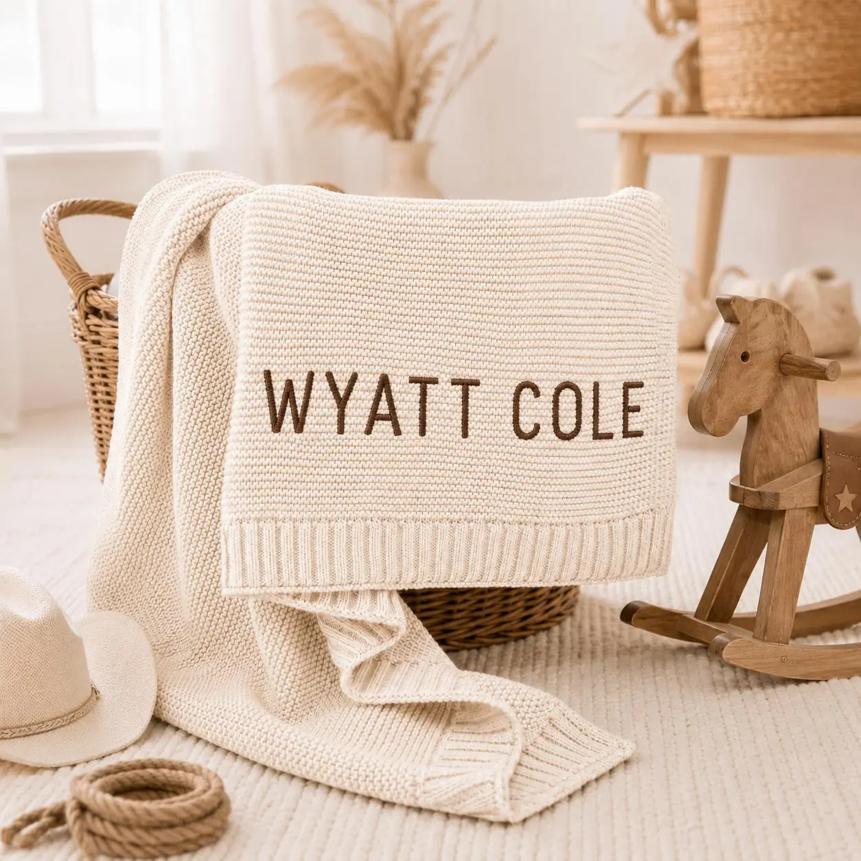 [Made-to-Order] Personalized Cowboy Font Embroidered Baby Blanket, Custom Name Western Knit Baby Blanket, Texas Style Nursery Keepsake, Newborn Baby Shower Gift