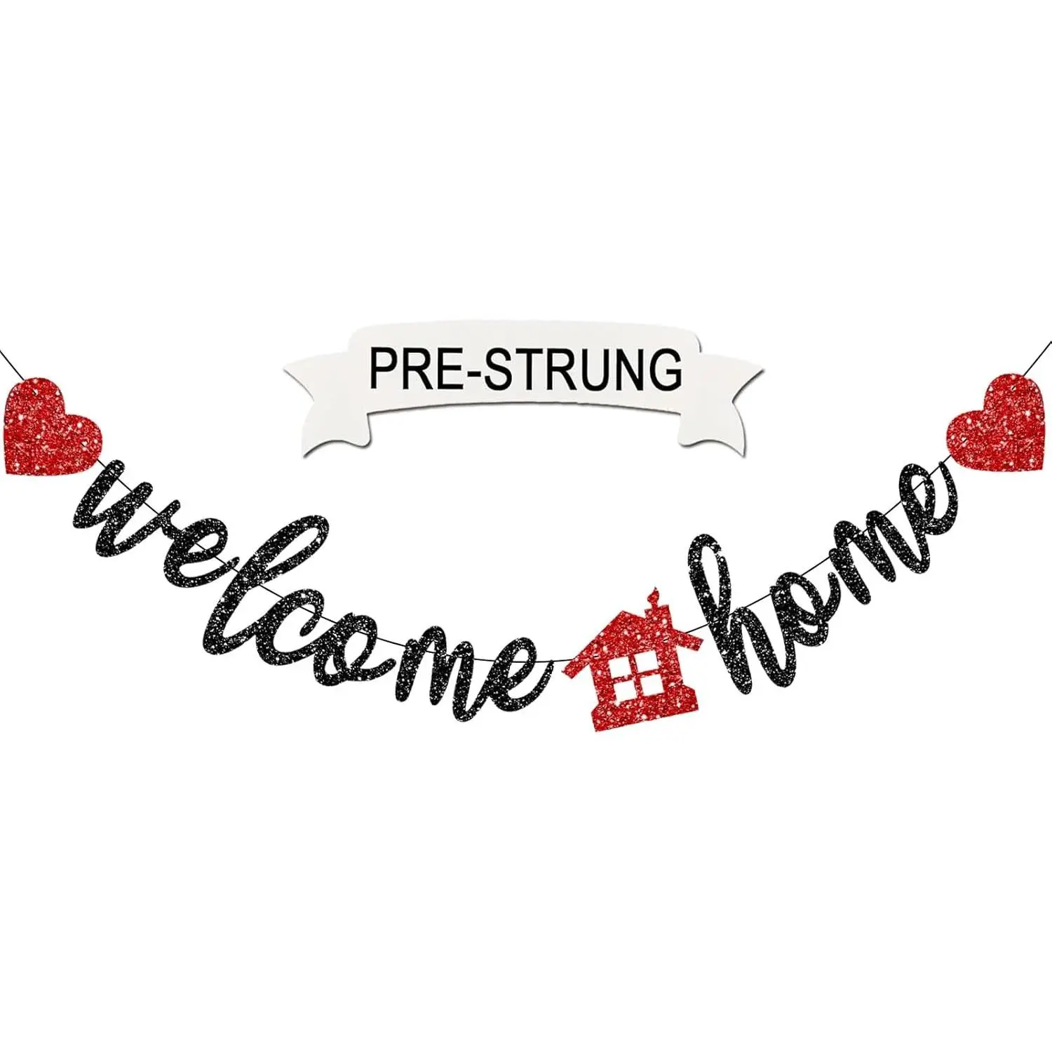 Pre-Strung Welcome Home Banner, Real Glitter Welcome Home Sign Decorations for Housewarming, Military, Coming Home Party