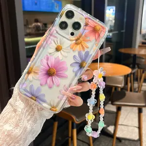 Floral Print Tpu Phone Case with Handmade Lanyard, Anti-Drop Protective Cover for iPhone & Samsung Smartphone Models, Perfect Gift for All Occasions