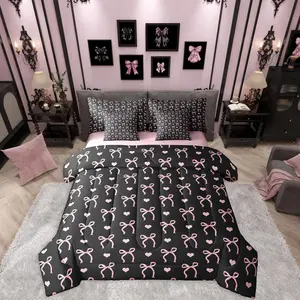 Love Hearts Bowknot Black Pink 7 Piece Bedding Set,| Bow Kawaii Cute Dreamy Comforter Set with Sheets Ribbon Girly Kids Bed in A Bag Teens Adults Women Bed Sets