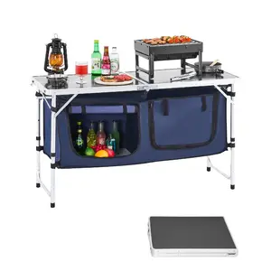 fathersdaygift VEVOR Camping Kitchen Table, Folding Outdoor Cooking Table, 3 Adjustable Height, Aluminum Lightweight Portable Cook Station with Storage Organizer, Carry Handle, for BBQ Party Picnic RV Travel, Blue