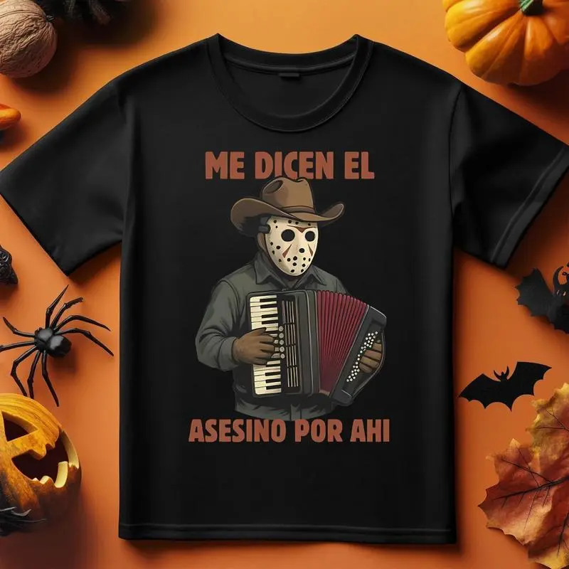 Women's Vintage Printed Round Neck Short Sleeve T-Shirt, Fitted Casual Top with "El Asesino" Horror Villains Digital Print, Women's Clothes, Club, Elegant, Graphic Tops, Cotton, All Over Print, Crew Neck